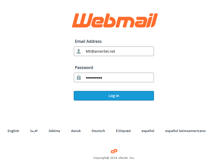 Ameritel webmail login screen